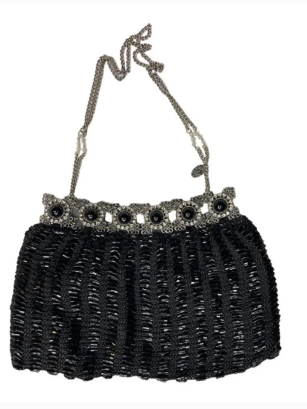 Vintage CLARA KASAVINA Crystal & Bead Embellished Black Knit Evening Bag Clutch